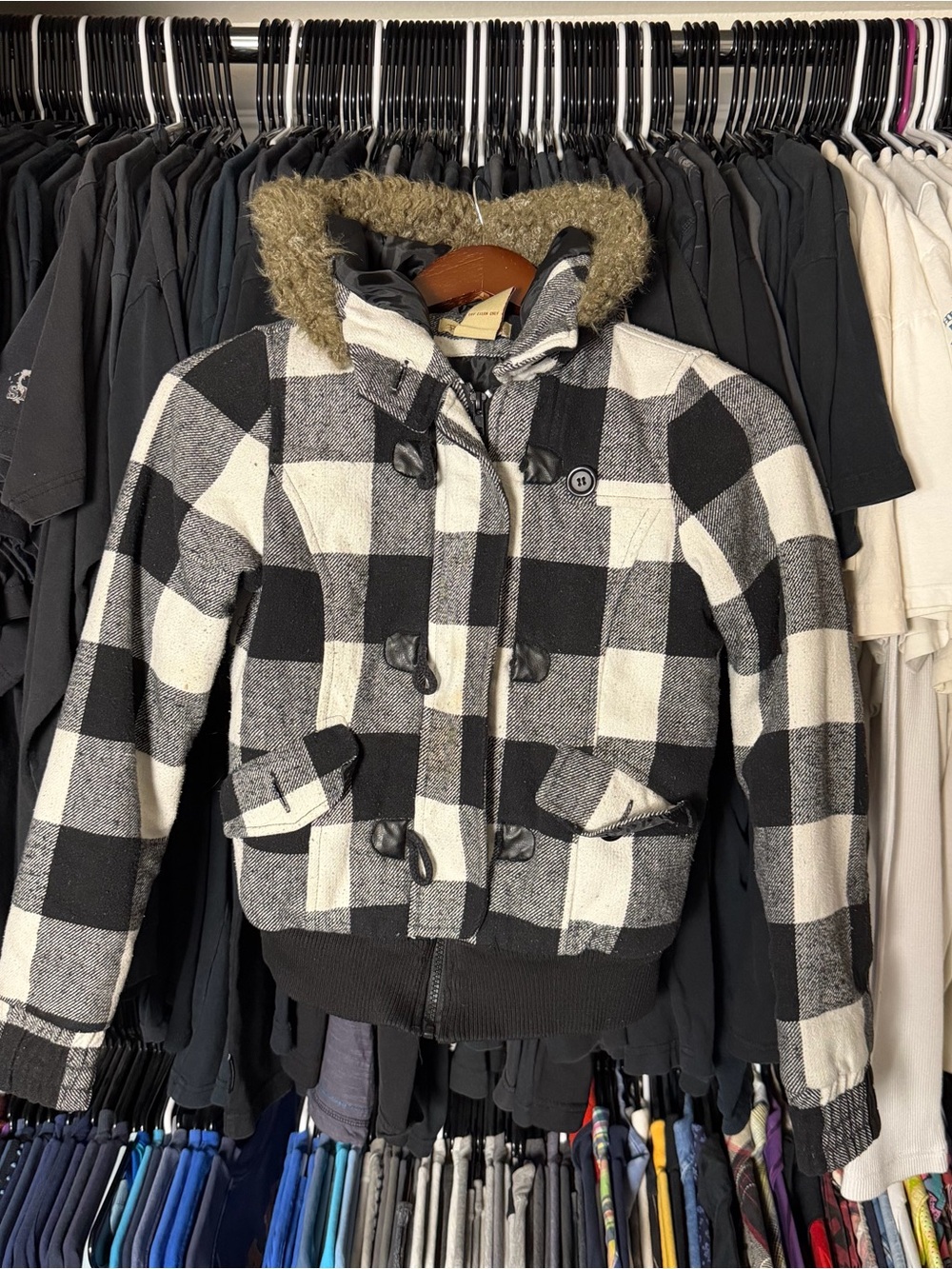 Paris Blues Faux Fur Hoodie Womens Medium Black White Plaid Y2K Chic Grunge 00s